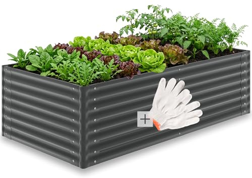 tectake® Aiuola Rialzata Zincata, 200x100x62 cm, 1200L, Fioriera da Esterno, Letto per Giardino Fondo Aperto, Orto Rialzato da Esterno, Per Giardinaggio, Erbe, Ortaggi Frutta Fiori, Guanti Inc- Grigio
