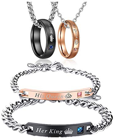 Partner Geschenke Paar Pärchen Armbänder Partnerringe Ketten, Edelstahl Panzerarmband mit Gravur His Queen und Her King Rosegold schwarz Silber (King Queen Armband + Anhänger Set)