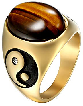 JewelryWe Yin Yang Ring Herren: Retro Herren-Ring Edelstahl Solitaire Tigerauge Stein Biker Tai Chi Yin und Yang Siegelring Punk Band Bandringe mit Gravur Gold Größe 54