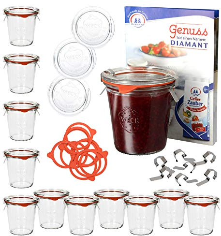 MamboCat 12er Set Weckgläser mit Deckel Einkochring Klammern I Original Weck Sturzgläser 290ml I Einweckgläser für Kuchen Gelees UVM I Marmeladenglas inkl. Diamant-Zucker Gelierzauber Rezeptheft