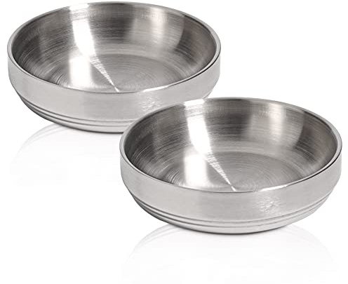 ComSaf Food Grade 304 Stainless Steel Cat Bowl Set of 2, Shallow and Wide Metal Cat Food Water Feeder, Durable Double Layer Pet Feeding Dishes for Kitten, Puppy, Whisker Stress Free, Dishwasher Safe