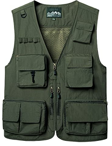 KTWOLEN Herren Anglerweste Sommer Leicht Schnelltrockenweste Funktionsweste Outdoor Fotografie Hundesport Weste Ärmellos Safari Weste mit Viele Taschen, Grün, XXL