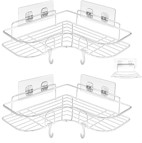 ADORAMOUR Corner Shower Caddy Set -2 Pack Bathroom Organiser with Soap Dish, Adhesive Storage Rack for Toiletries, Shower Shelf Drill-Free or Drilling Install Options Shampoo Holder, White
