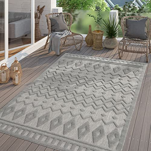 TT Home In-& Outdoor Teppich Wetterfest Balkon Küche Wohnzimmer Boho Skandi Design, Farbe: Grau 3, Größe:140x200 cm