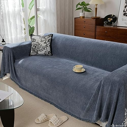 Homxi Sofahusse 2 Sitzer,180x260CM,Sofabezug Decke Einfarbig mit Quaste Sofaüberwurf Chenille Sofa Handtuch Dunkelblau Sofahusse Überzug