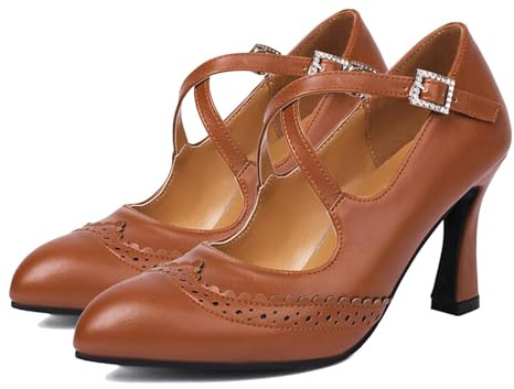 CRETUAO Décolleté Brogue da Donna con Cinturino Incrociato,Scarpe Eleganti Mary Jane con Tacco Medio e Punta a Punta,décolleté Vintage vittoriane con Tacco Alto da Ballo in Chiesa,1 Brown,40 EU