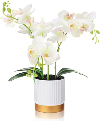 XunYee Orchid Artificial Flowers in Pot 15 Inches Artificial Orchid Flowers Phalaenopsis Potting for Home Office Wedding Bathroom Centerpiece Decor(White)