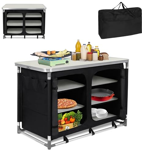 XINZI Campingküche Faltbar Campingschrank Outdoor Küchenschrank mit Aluminiumgestell, Staufächern und Tragetasche Küchenbox Reiseküche Mobile Außenküche für Picknick Camping BBQ, 100x50x80cm