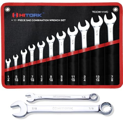 Hitork 11 Piece Combination Wrench Set with Roll Pouch, SAE Sizes (1/4 - 7/8), Drop Forged Cr-V Steel, Chrome Plated Mirror Finish, 12 Point Box End, 15° Offset, Exceeds ANSI Standards