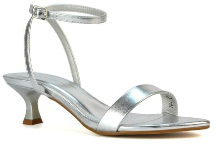 ESSEX GLAM Women Kitten Low Heel Strappy Sandal Ladies Silver Metallic Ankle Strap Two Part Heeled Shoes Size 5