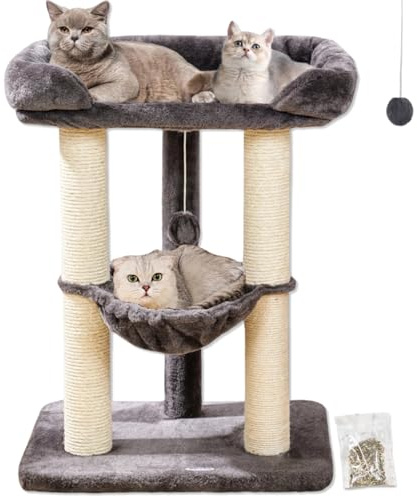 Happi N Pets 71CM Cat Tree Tower for Indoor Cats, Tall Cat Scratching Post with Large Bed for Big Cats, Sisal Scratcher with Soft Perch & Hammock, Stable Cat Stand, Removable Cover-Gray