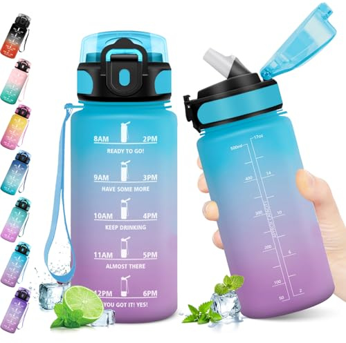 KollyKolla Barnvattenflaska 500 ml, sportvattenflaska med motiverande tidsindikator, vattenflaska med sugrör, 1 klick öppen, vattenflaska för barn, skola, cykel, gym