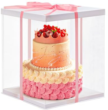 Warmiehomy Clear Cake Box,30x30x35CM for 10 Inch Tall Cake Gift Box | Transparent Cake Boxes, Cake Gift Boxes with Paper lid and White Ribbon, Large Gift Box for Birthday Wedding Christmas Party