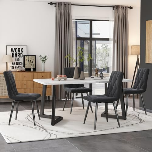 Matgrupp 5 delar: matbord (117 x 68 cm) med 4 sammetstolar, marmorutseende och metallben – modernt köksset för matsal, mörkgrå/vit, rektangulär