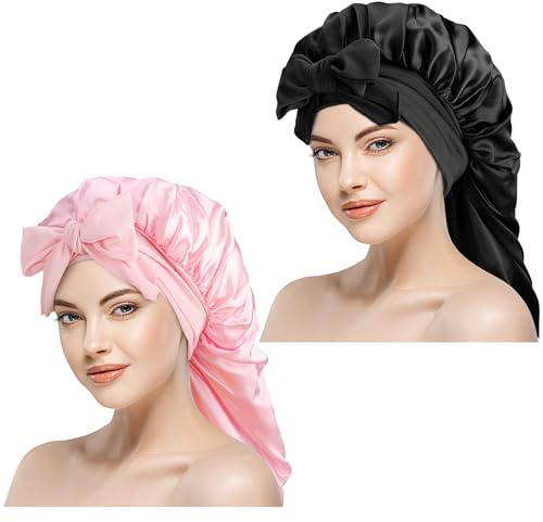 Halinuia 2 Pièces Long Bonnet Satin Cheveux Nuit pour Femme, Bonnet de Nuit en Soie Soin pour Cheveux Longs Bouclés, Bonnet Soie Cheveux Nuit pour le Sommeil et la Cuisine