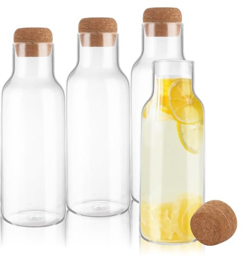 LOPYXBR Lot de 4 carafes en verre avec couvercle en liège, bouteilles en verre transparent de 1 litre avec couvercles, bouteille d'eau en verre transparent de 1 litre avec étiquette, bocal en verre