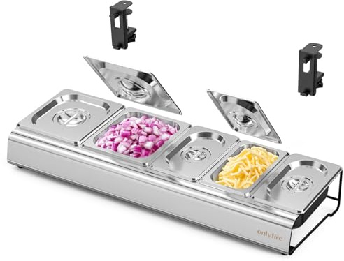 onlyfire Stainless Steel Upgraded Pizza Topping Station with Lid and C-clamps for Pizza Oven Table and Grill Side Table, Seasoning Containers for Preparing Ingredients and Toppings, 5 Compartments