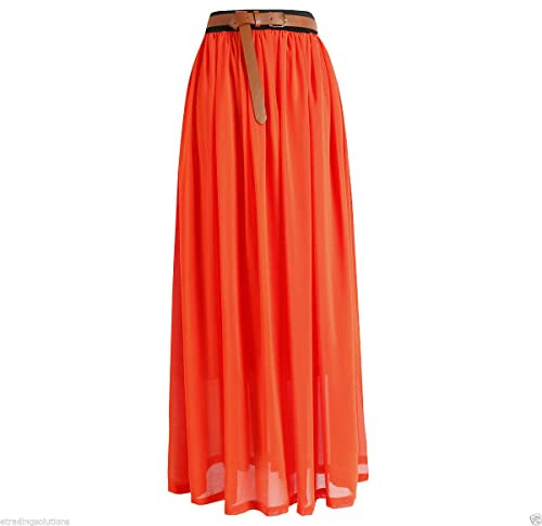 Womens Chiffon Retro Long Maxi Skirt Beach Ankle Length Skirt (UK, Alpha, M, L, Regular, Regular, Orange)