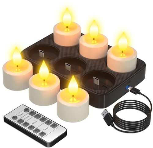 PChero Rechargeable Tea Lights with Charging Base, 6 Pack LED Flameless Battery Operated Fake Tealight Candles Flickering with Remote Control Timer for Home Room Halloween Christmas Decorations