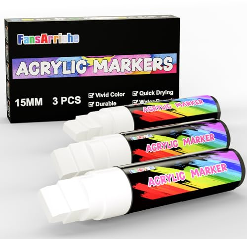 FansArriche Acrylic Markers, 3 white Acrylic Paint Markers, 15 -mm -jumbo felt tip, Waterproof and Permanent, Coloring Pens for Marking, Signs, Calligraphy and Outdoor Paintings