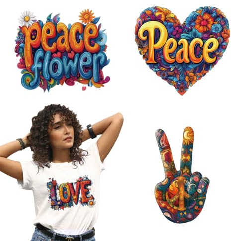 arricraft 4 Pcs Love Peace Theme Heat Transfer Film Logo Stickers Set, 4 Styles Doodle Pattern Heat Transfer Stickers Iron on Decals for T-Shirts Patches Bags Hats DIY Crafts