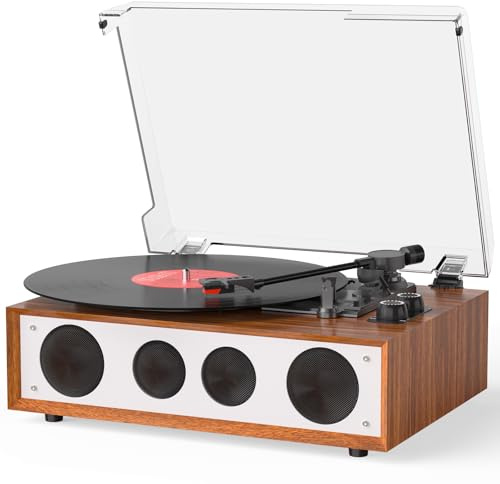 Vinyl Record Player with Bluetooth, Hi-Fi Belt-Drive Turntable for Vinyl Records, Built-in 4 Speakers, Balanced Counterweight, 3-Speed Vintage Music Record Player