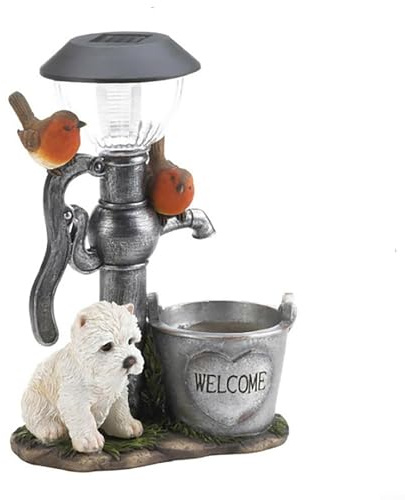 Statue de jardin solaire en résine avec motif animal, terrier blanc, oiseaux et puits d'eau, lumière décorative pour pelouse, terrasse ou intérieur (B)