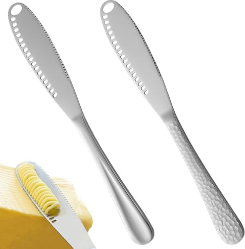 Pack de 2 Cuchillos para Mantequilla de Acero Inoxidable, Cuchillo Untar Multifuncional para Queso y Mermelada, Esparcidor Ergonómico para Desayuno y Repostería
