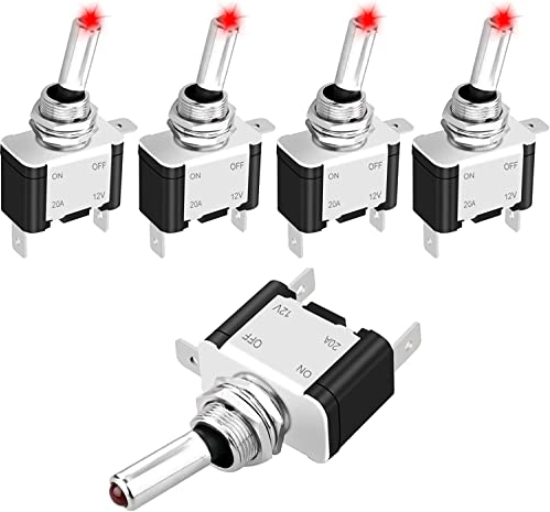 Linkstyle 5 Stück Kippschalter 12V, 20A EIN/AUS Wippschalter mit Rot LED und Metallhebel, Wasserdicht SPST Rocker Toggle Switch für Auto KFZ Marine RV Fahrzeuge LKW Boot