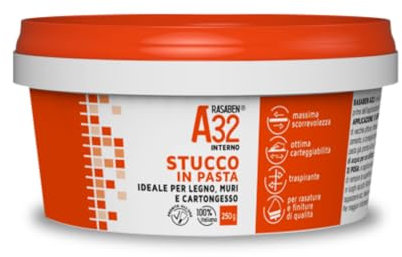 RASABEN-Stucco Bianco in Pasta A32 Pronto all'Uso, per Rasature e Finiture di Qualità, Traspirante, per Legno Muri e Cartongesso, Interno, da 0,25kg