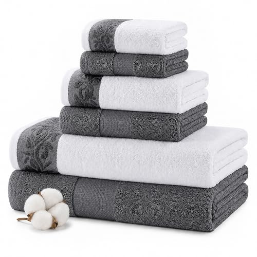 Modern Threads 6-teiliges Handtuch-Set mit filgree-Jacquard-Bordüre, 600 g/m², Anthrazit