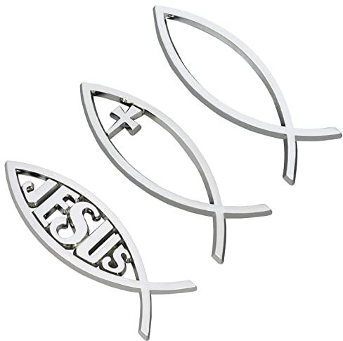 SUPERFINDINGS 3pz Argento Adesivi Gesù Cristo Pesce E Croce Autoadesivo Ottica Decalcomania Distintivo Emblema per Finestra di Automobile Computer Portatili Bagagli Frigorifero