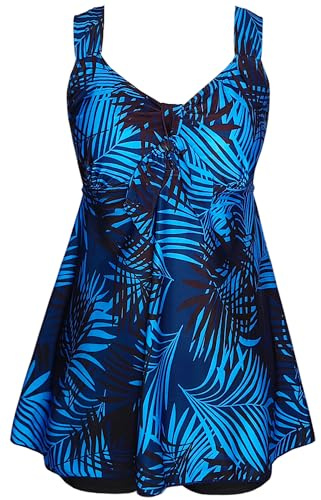DANIFY Women's Plus Size Swim Dress Tummy Control Swimdress Cover Up Swimwear Retro Skirted Swimsuit One Piece Bathing Suit, Blue Leaf, 28