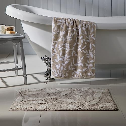 Dreams & Drapes Natural Leaf Bath Mat 50x80cm – 100% Cotton – Soft Touch Botanical Bathroom Mat – Absorbent Cream & Taupe Rug – Floral Design – Non-Slip Bathroom Accessory for Spa Feel
