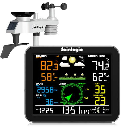 Sainlogic Station météo sans fil pour l'intérieur et l'extérieur, avec jauge de pluie et vitesse du vent, température, humidité, pression d'air, prévision météo, phase lunaire et alarme