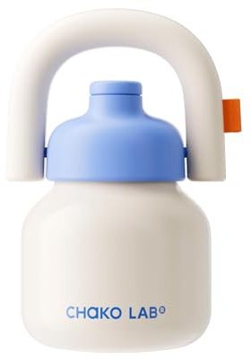 CHAKO LAB Water Bottle with Straw and Carry Handle | Wide Mouth vacuum insulated stainless steel Bottles | Reusable, leak-proof and BPA-free | 33oz(White&Blue)