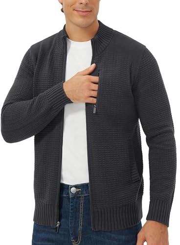 Pioneer Camp Herren Strickjacke Mit Reissverschluss Stehkragen Cardigan Herren Zip Sweaters Fein-Strike Strickpullover Jacke 3 Taschen Tech Grau L