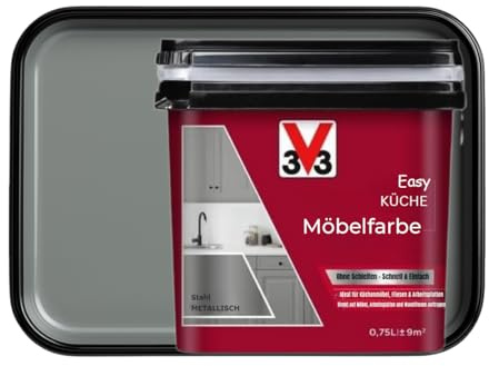 V33 Möbelfarbe Küche – Ohne Schleifen & Grundierung – Hochdeckend, Wasserfest & Abwaschbar – Für Küchenschränke & Fronten 0,75L - Stahl, Mettalischer Glanz