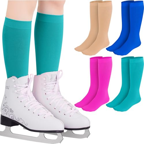 Handepo 4 Pairs Figure Skating Socks High Tights Skate Sock Ice Nylon Skating Socks for Ice Skates Dance, Nude, Royal Blue, Fruit Green, Rose Red, One size