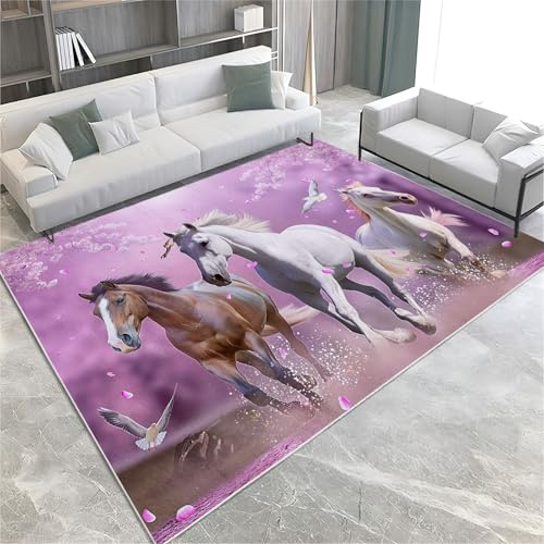 Rosa Viola Tappeto Camera da Letto 140 x 200 cm tre cavalli in corsa Tappeto Salotto Antiscivolo per Soggiorno Camera da Letto Cameretta, Moderno Tappeto Lavabile in Lavatrice