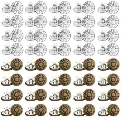 KEYRI 40 Pieces Buttons for Jeans 17 mm to Replace Missing Buttons or Adjusting Straps Detachable Adjustable for Jeans Vests and Bags (20 Silver & 20 Copper)