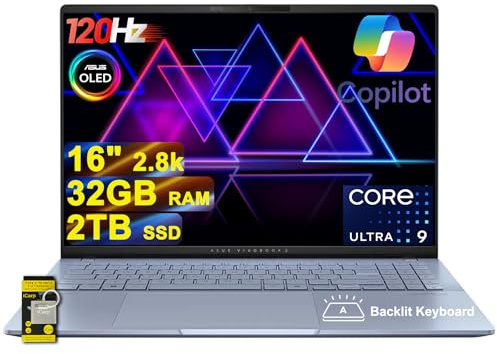 ASUS Vivobook S16 AI Laptop PC 16 Inch 2.8k OLED 120Hz (600nits, 100% DCI-P3) Intel 16-Core Ultra 9 285H 32GB RAM 2TB SSD Backlit for Creator Designer Business Professional Win11 ICP Hub
