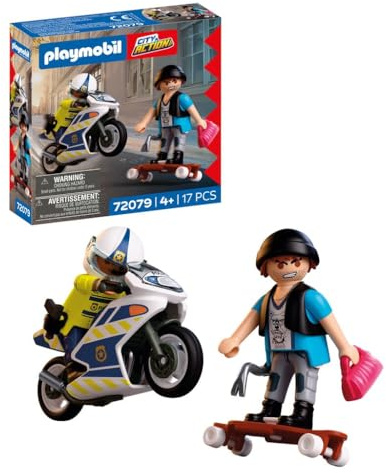 PLAYMOBIL City Action Polizei Verfolgungsjagd mit Motorrad | Polizist jagt Dieb auf Longboard | Fördert Kreativität | Kinder Spielzeug ab 4 Jahren | 72079