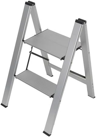 GIERRE Scaletta 2 Gradini Alluminio 72H x 45 cm Con Blocco Automatico all'Apertura Scaletta Pieghevole Salvaspazio Gradini da 12 cm e Ampia Piattaforma da 23 x 31 cm