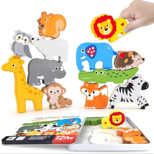 Wooden Animal Maslasee Shape-Sorting Puzzle Set, 13 Pieces – Learning Activity with Animal Blocks & Sorting Tray for Skill Development