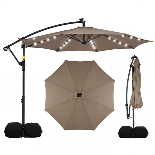 COSTWAY Ombrellone da Giardino 300 cm, 32 Luci LED Solari, Anti-UV, Manovella, 2 Sacchi di Sabbia, 8 Stecche per Esterno Piscina Patio (Marrone)