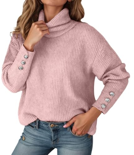 Suéter de manga larga con cuello tipo bufanda de color liso, detalle de botón, suéter de punto para otoño e invierno, blusa casual cálida, rosa, 3XL