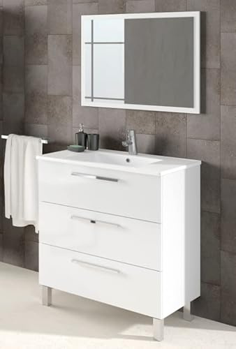 CAESAROO Mobile bagno 3 cassetti a terra 80 cm bianco lucido con specchio - Bianco lucido, Con Doppia Colonna e Lampada Led