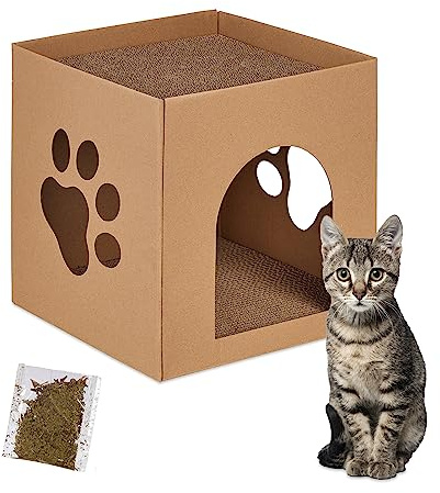Relaxdays Casa Gato con Rascador, Cueva Gatito Superficie Rascado para Montar, Hierba Gatera, 30x30x30,5 cm, Marrón