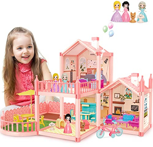 deAO Casa de Muñecas con 3 Princesas, Muebles y Accesorios, Villa Casa de Muñecas de Ensueño para Niñas, Pequeñas 4 Habitaciones, 1 Balcón, 1 Jardín, Regalo para Niñas de 3-8 Años (Naranja Brillante)